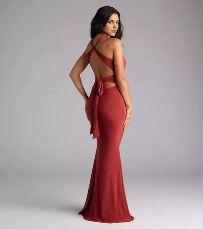 Elegant smooth knit backless V-neck wide shoulder strap mermaid and floor Prom Dresses