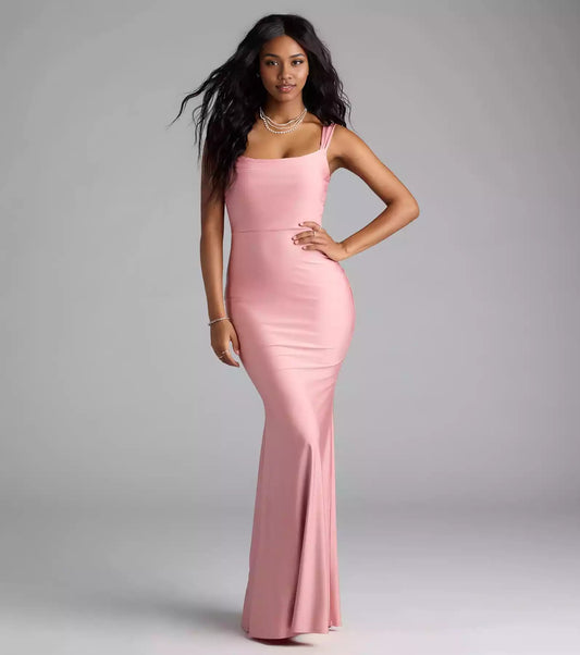 Elegant smooth knit hanging collar, wide shoulder strap, mermaid silhouette, and Prom Dresses