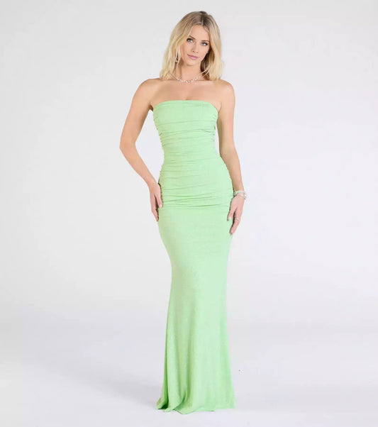 Elegant sparkling knit lining with elastic strapless neckline, side stitching with pleated mermaid and floor Prom Dresses