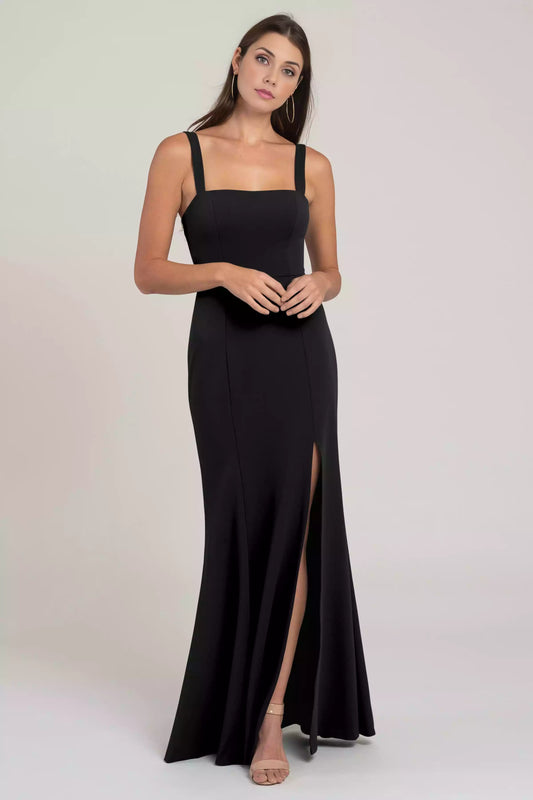 Elegant square neck slim fit horn knitted crepe wide shoulder strap with side slit skirt Bridesmaid Dresses