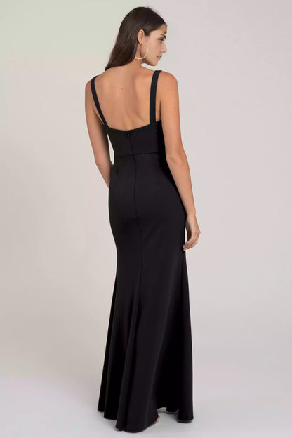 Elegant square neck slim fit horn knitted crepe wide shoulder strap with side slit skirt Bridesmaid Dresses