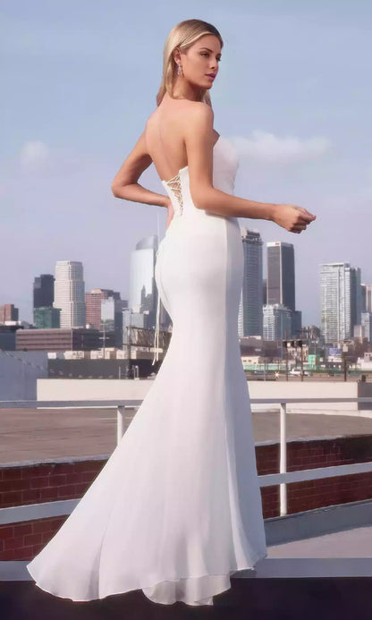 Elegant strapless long pleated neckline corset with exposed back and fishtail skirt, trailing Prom Dresses