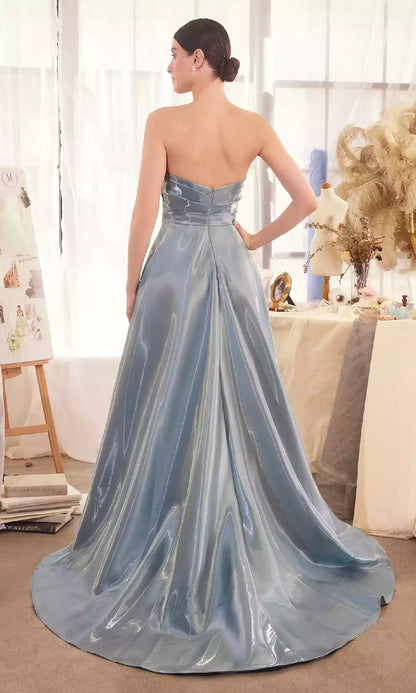 Elegant strapless long satin pleated three-dimensional tight corset A-line skirt Prom Dresses