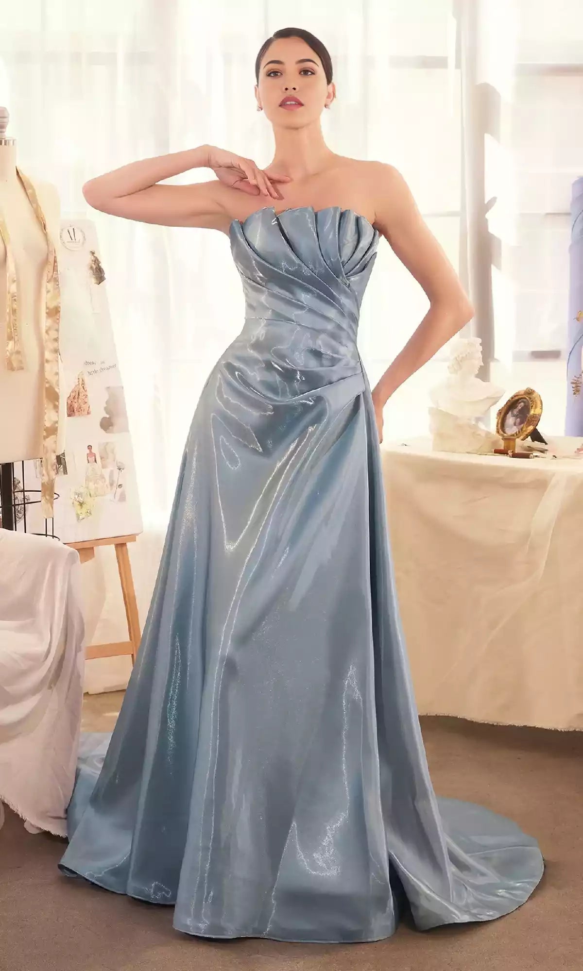 Elegant strapless long satin pleated three-dimensional tight corset A-line skirt Prom Dresses