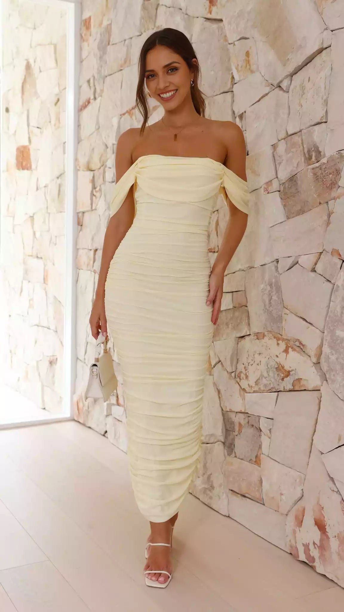 Elegant strapless off shoulder mesh sleeves with back slit pleats and invisible back zipper Prom Dresses