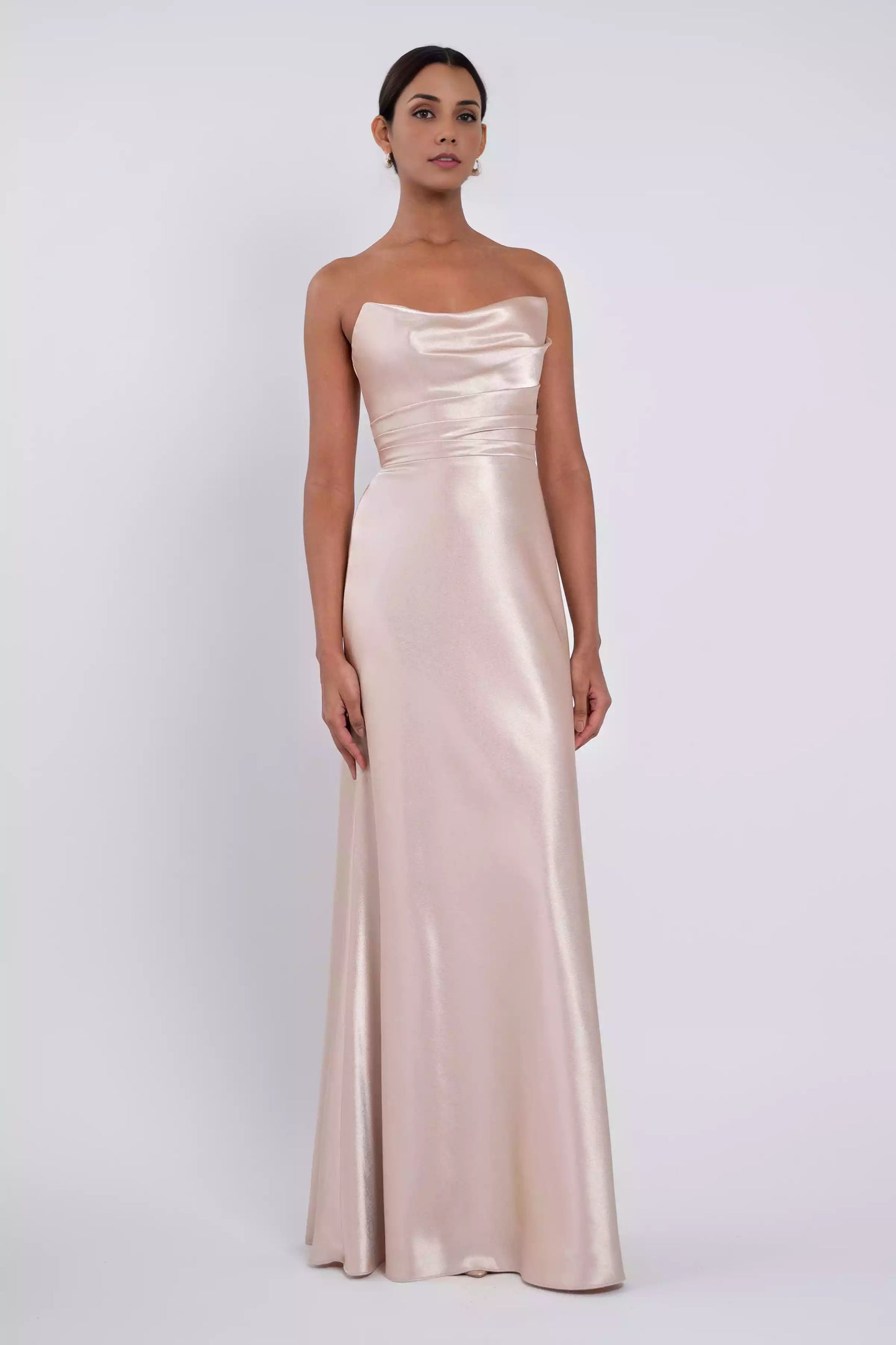 Elegant strapless round neck hanging tight corset with diagonal cut and mid zip Bridesmaid Dresses