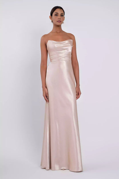 Elegant strapless round neck hanging tight corset with diagonal cut and mid zip Bridesmaid Dresses