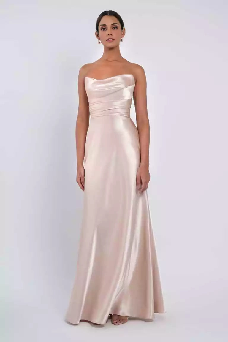 Elegant strapless round neck hanging tight corset with diagonal cut and mid zip Bridesmaid Dresses