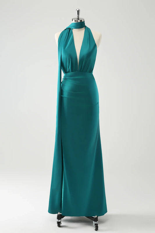 Elegant tight fitting deep V-neck pleated long backless bridesmaid dress