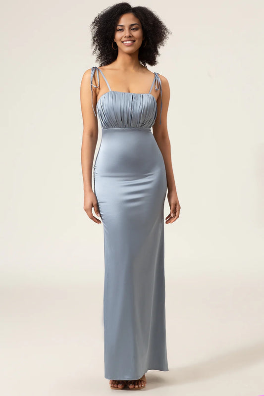 Elegant tight fitting thin shoulder strap satin pleated floor mopping bridesmaid dress