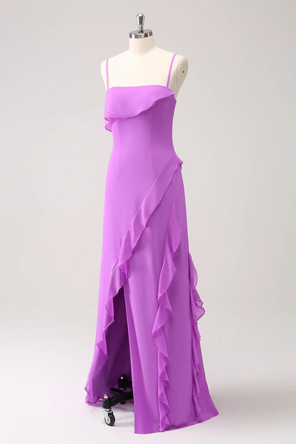 Elegant tight slim shoulder strap ruffle side length slit bridesmaid dress