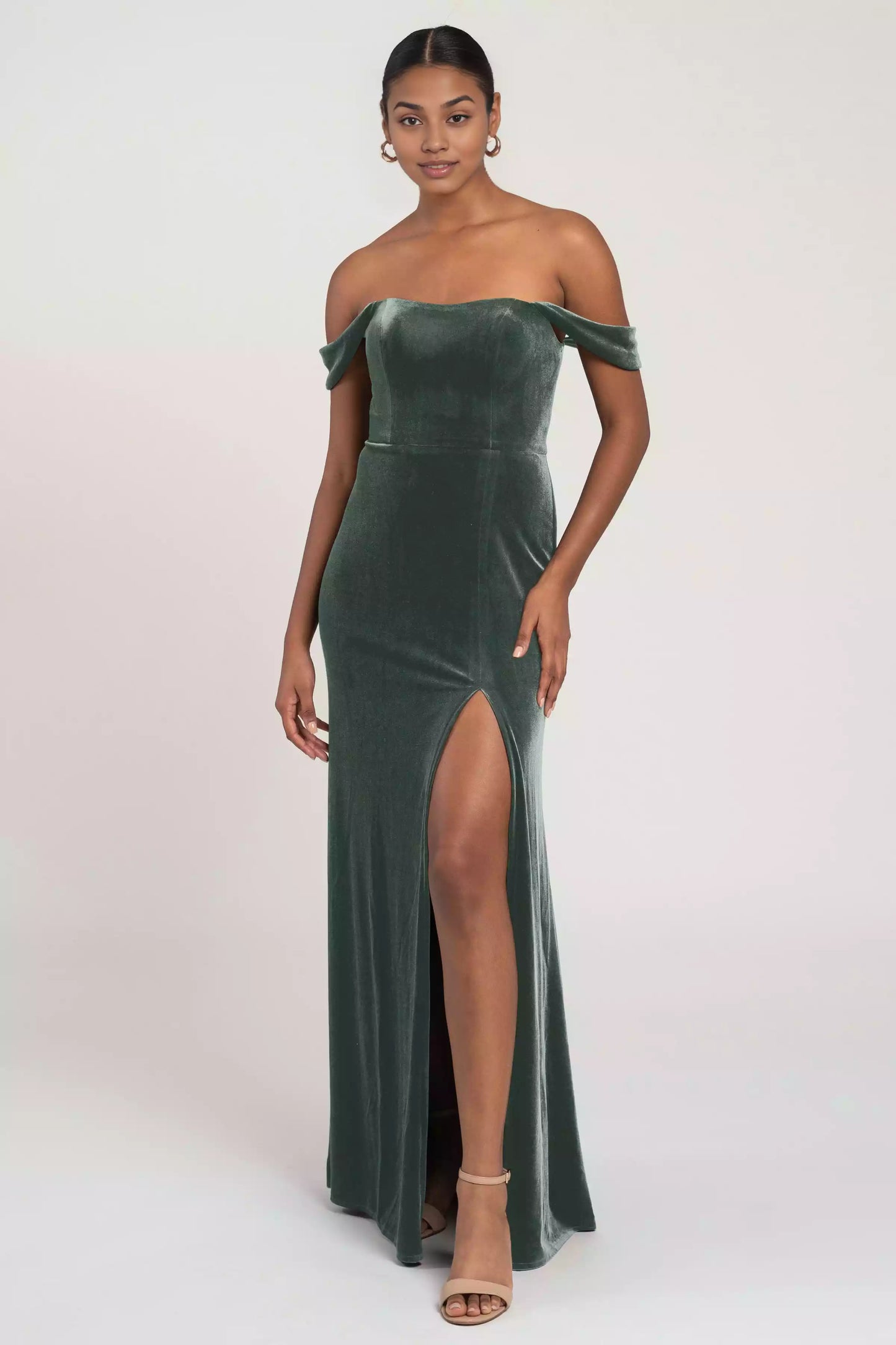 Elegant velvet off shoulder round neck with drooping sleeves and strapless neckline for Evening Dresses