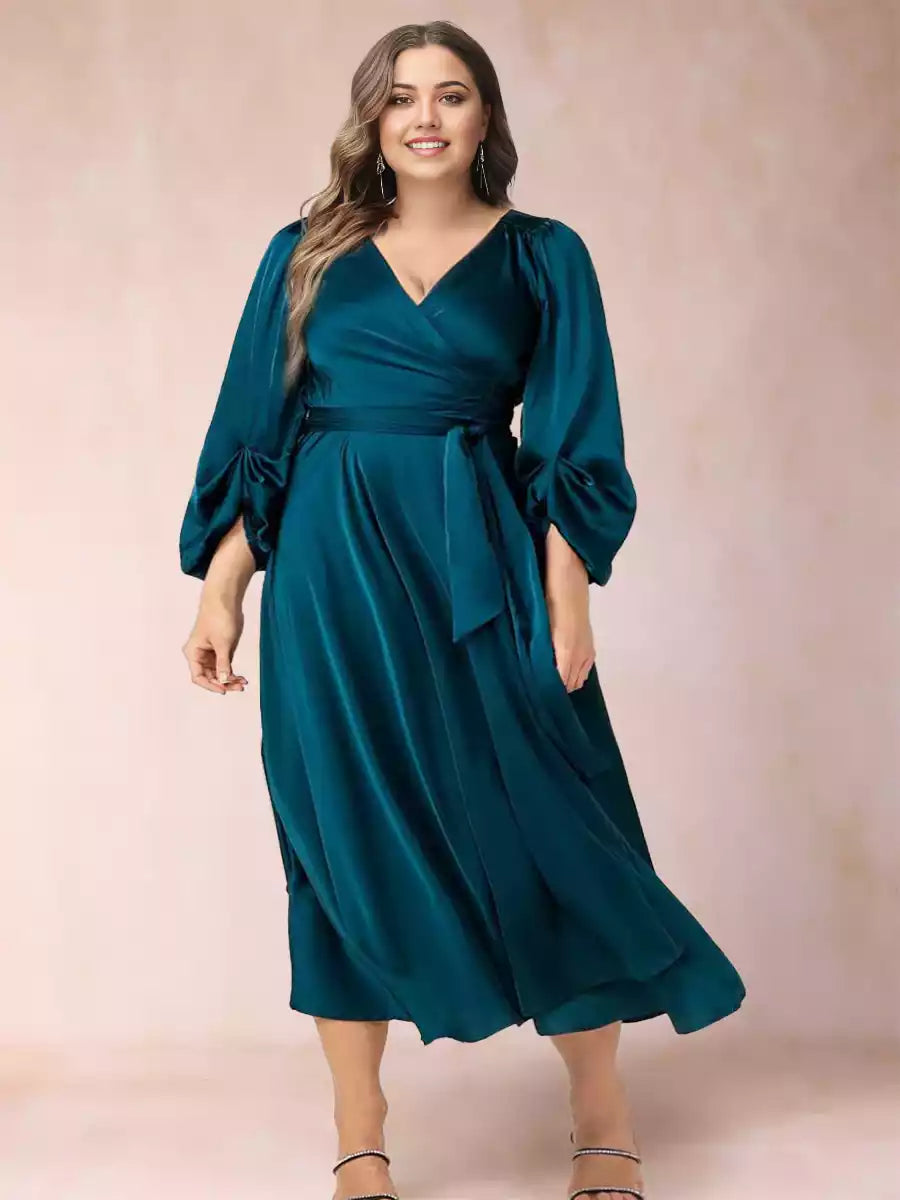 Enchanting A-line/Princess V-neck with three quarter sleeves wrapped in plus size Mother of the Bride Dresses