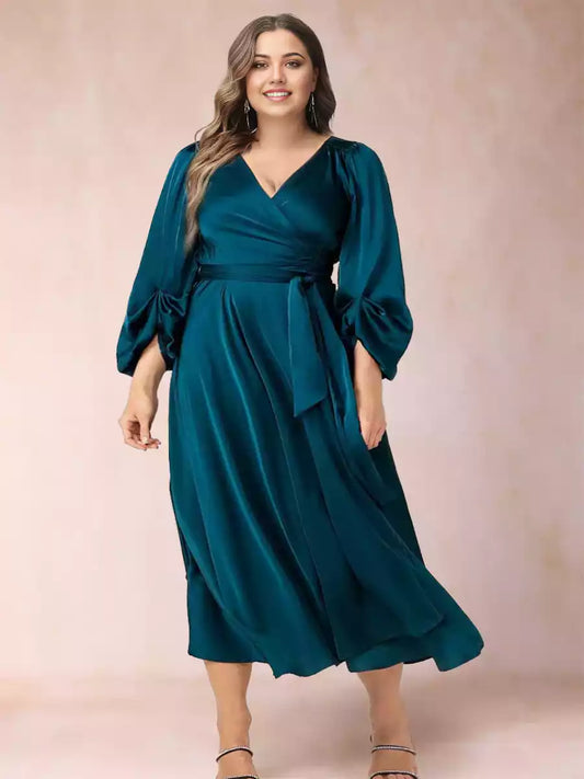 Enchanting A-line/Princess V-neck with three quarter sleeves wrapped in plus size Mother of the Bride Dresses