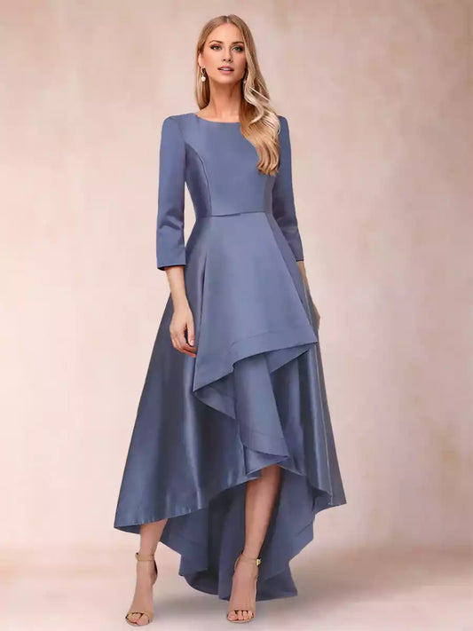 Enchanting A-line/Princess round neck with seven quarter sleeves and ruffled edges, Mother of the Bride Dresses