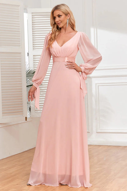 Enchanting A-line chiffon V-neck long sleeved slim fit highlights women's softness and elegance in bridal and mother dresses