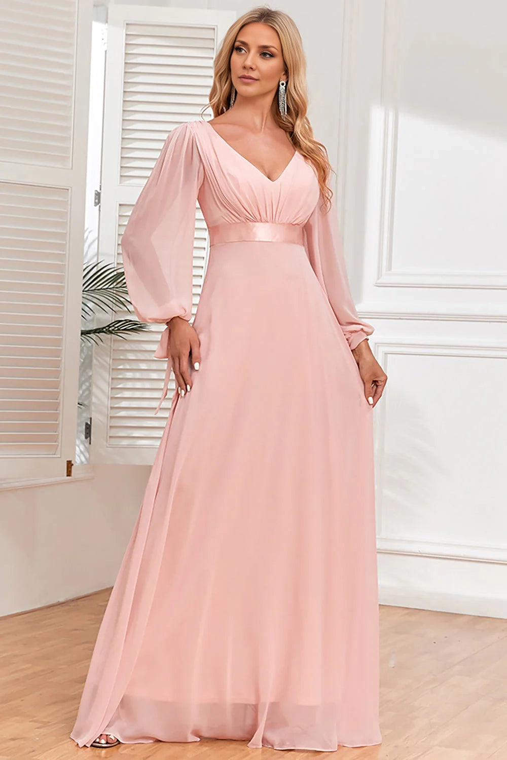 Enchanting A-line chiffon V-neck long sleeved slim fit highlights women's softness and elegance in bridal and mother dresses