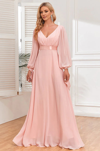 Enchanting A-line chiffon V-neck long sleeved slim fit highlights women's softness and elegance in bridal and mother dresses