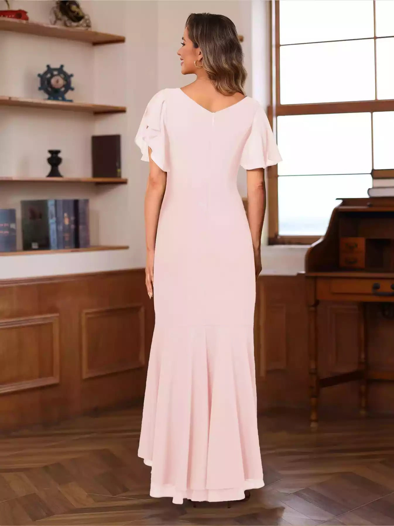 Enchanting Horn/Mermaid V-neck Short Sleeve with pleated ruffles Mother of the Bride Dresses
