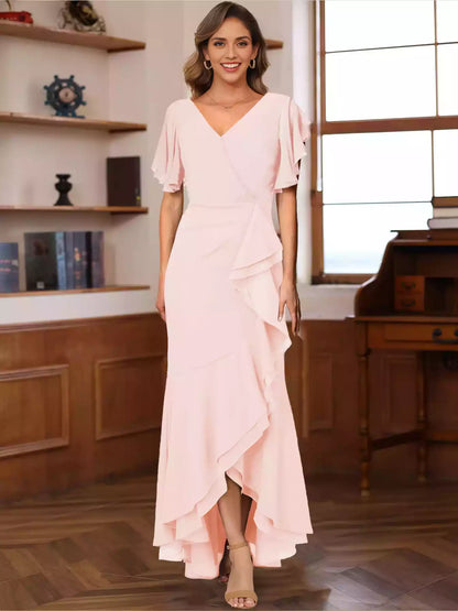 Enchanting Horn/Mermaid V-neck Short Sleeve with pleated ruffles Mother of the Bride Dresses