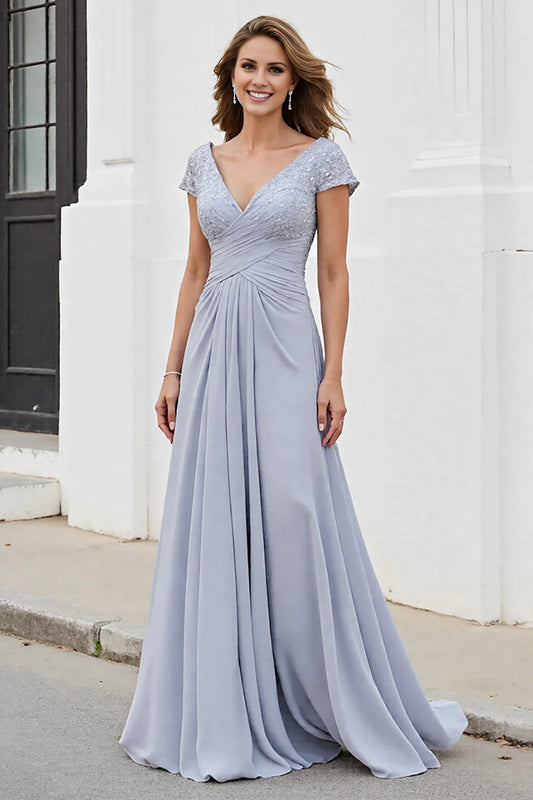 Enchanting V-neck A-line applique pleated slim fit bridal mother dress
