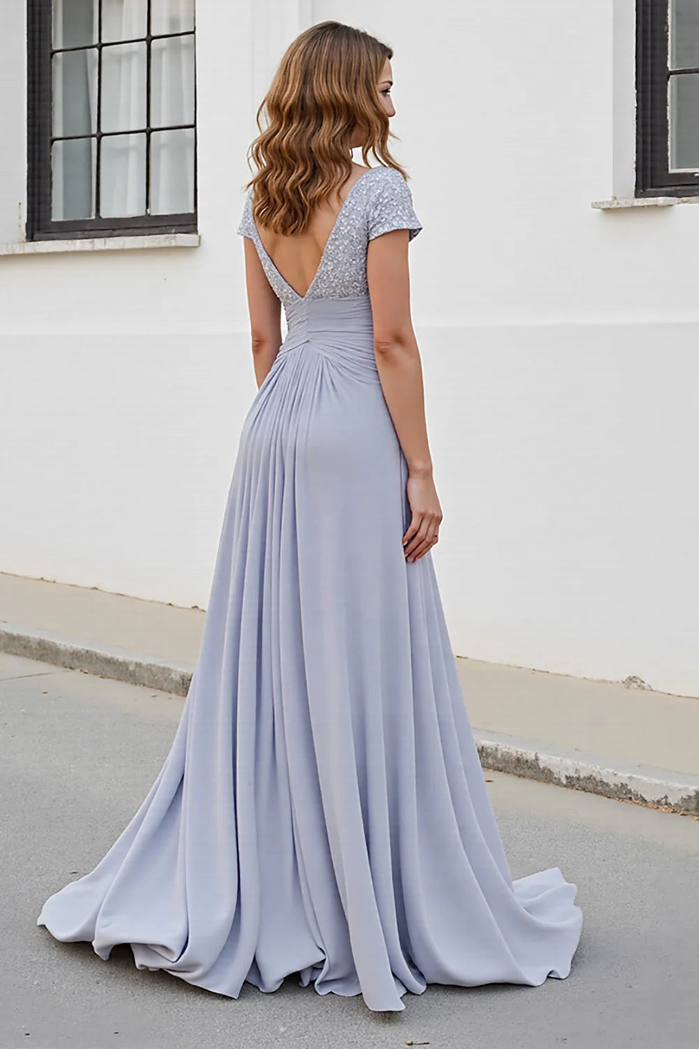 Enchanting V-neck A-line applique pleated slim fit bridal mother dress