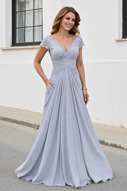 Enchanting V-neck A-line applique pleated slim fit bridal mother dress