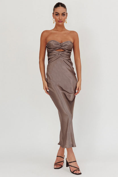 Enchanting double twisted mid length strapless tight corset with back tie bridesmaid dress