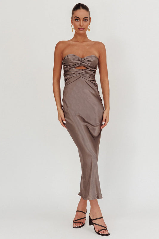 Enchanting double twisted mid length strapless tight corset with back tie bridesmaid dress