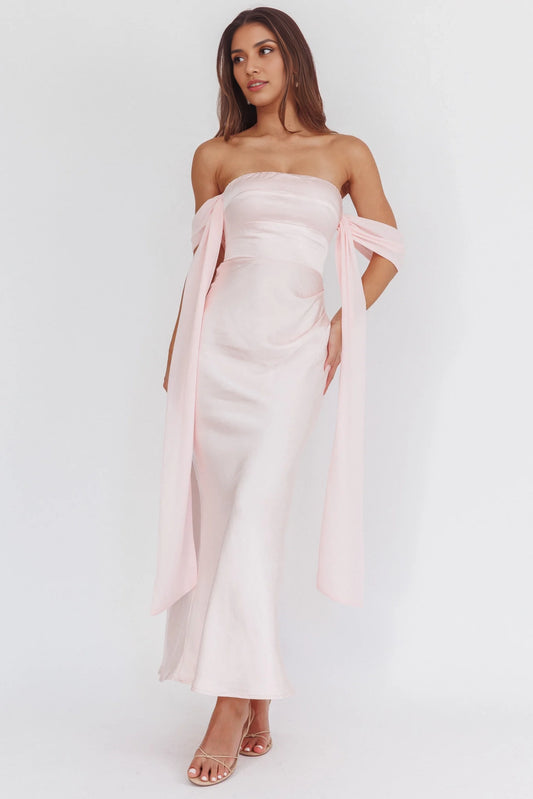Enchanting drooping sleeves and extra long off shoulder design create stunning bridesmaid dresses