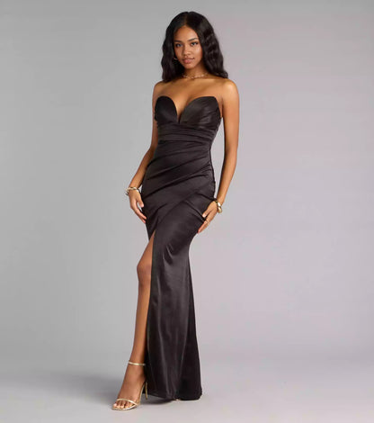 Enchanting elastic satin deep V-neckline with pleats, high front slit, mermaid silhouette, and floor skirt Prom Dresses