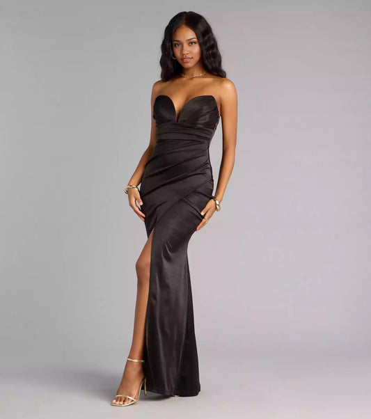 Enchanting elastic satin deep V-neckline with pleats, high front slit, mermaid silhouette, and floor skirt Prom Dresses