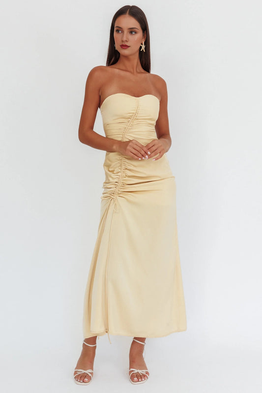 Enchanting heart-shaped neckline off shoulder drawstring pleated bridesmaid dress