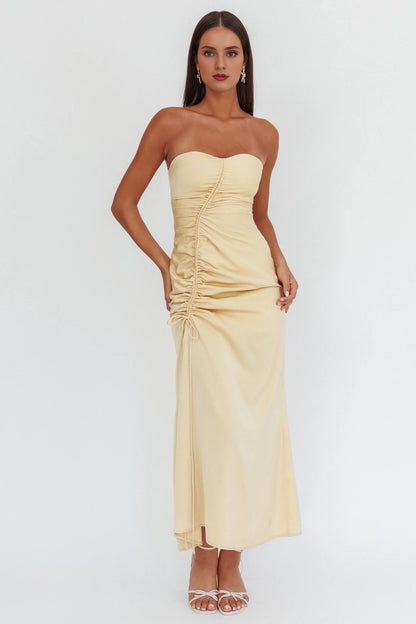 Enchanting heart-shaped neckline off shoulder drawstring pleated bridesmaid dress