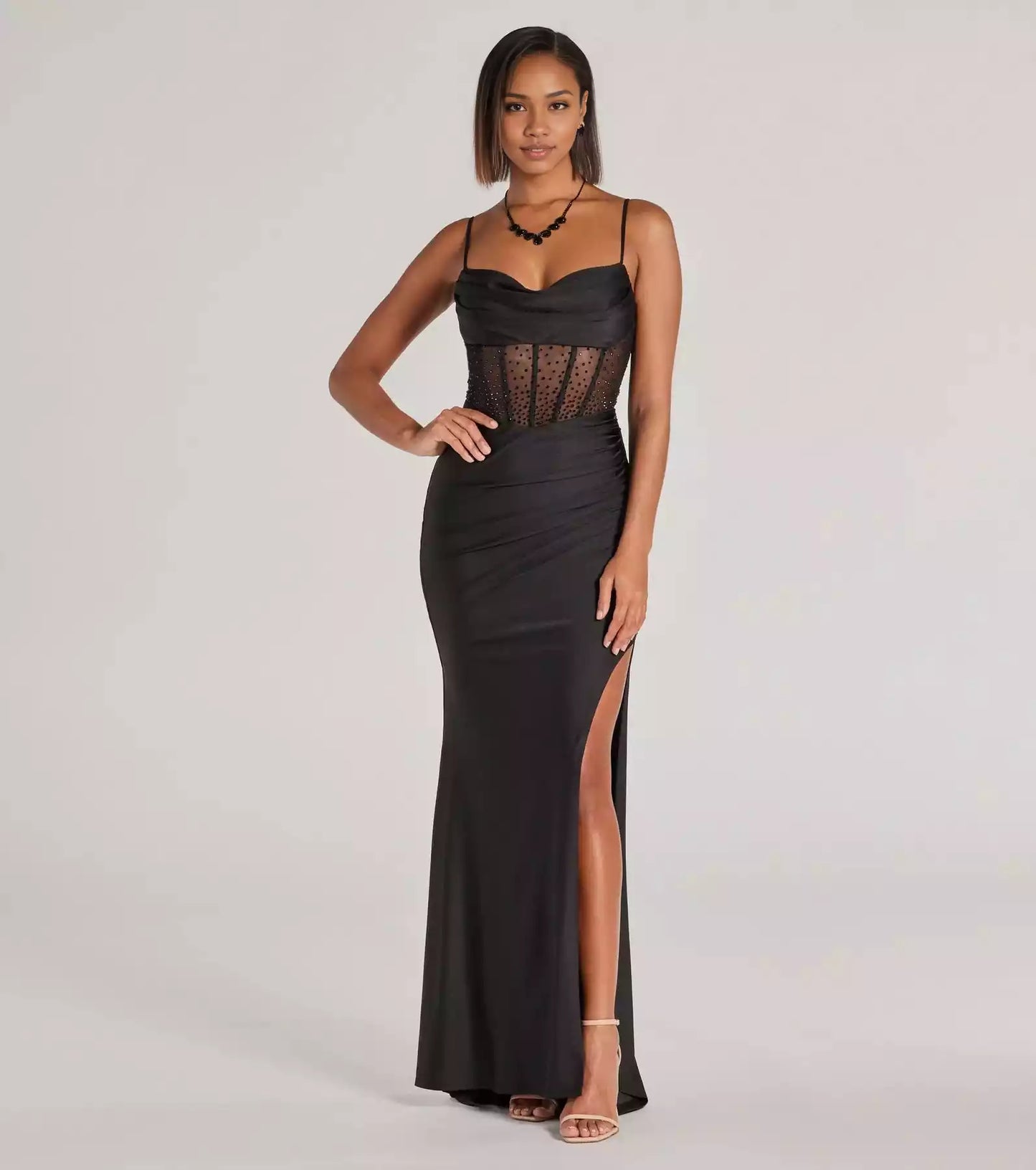 Enchanting knitted hanging neckline with adjustable thin shoulder straps, transparent mesh corset, high slit Prom Dresses