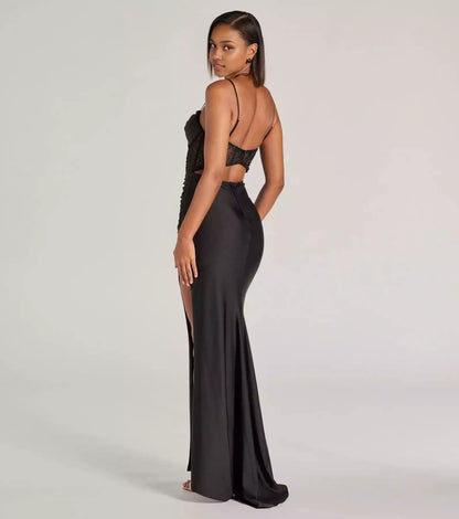 Enchanting knitted hanging neckline with adjustable thin shoulder straps, transparent mesh corset, high slit Prom Dresses