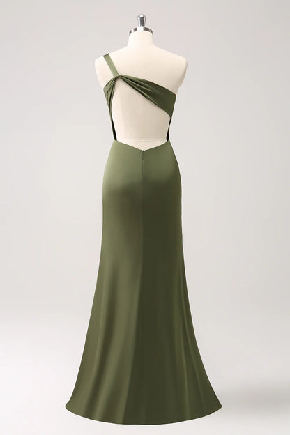 Enchanting mermaid one shoulder pleated backless slim fit slit bridesmaid dress