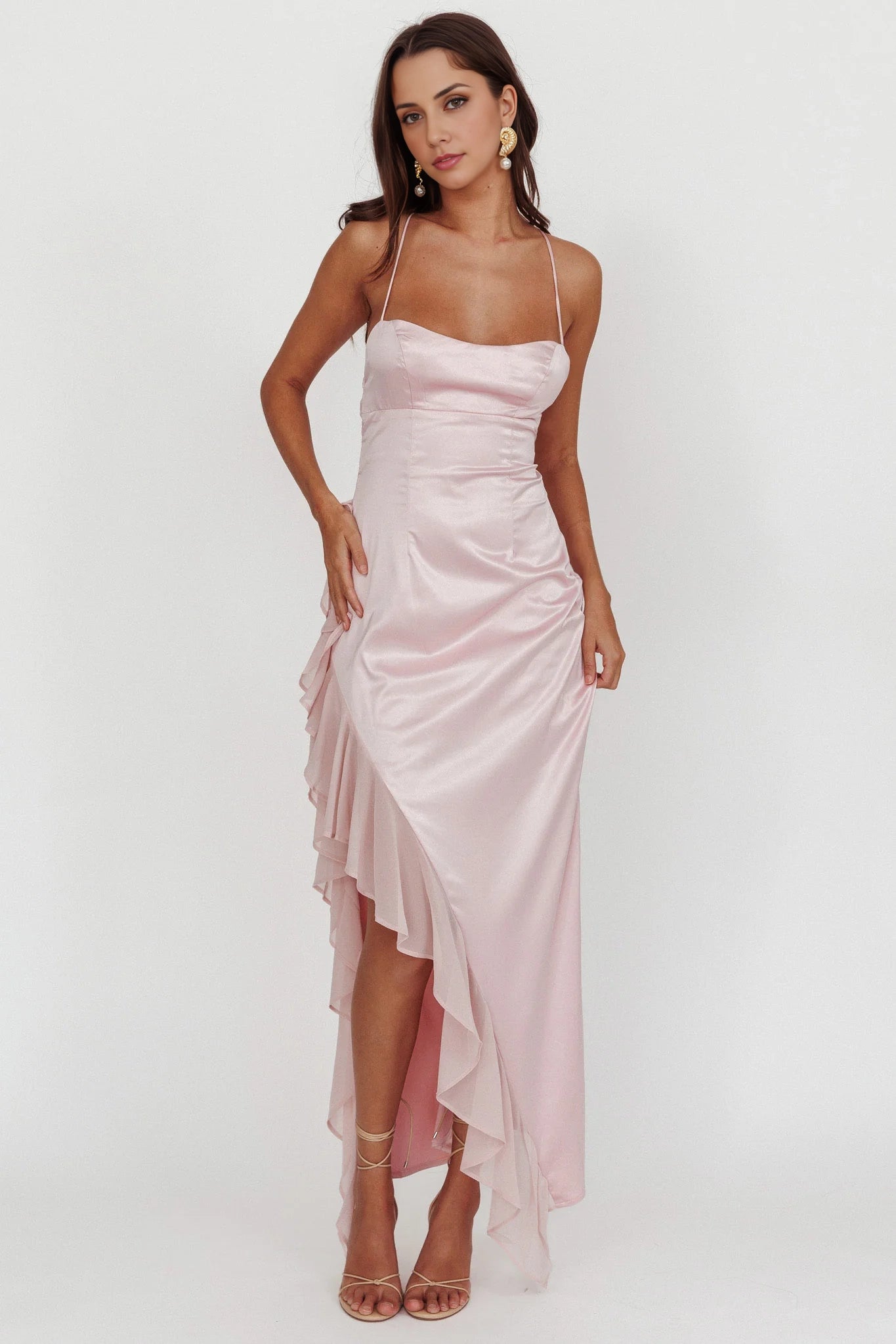 Enchanting satin extra long asymmetrical hem with ruffled edges, backless lace up, invisible back zipper bridesmaid dress