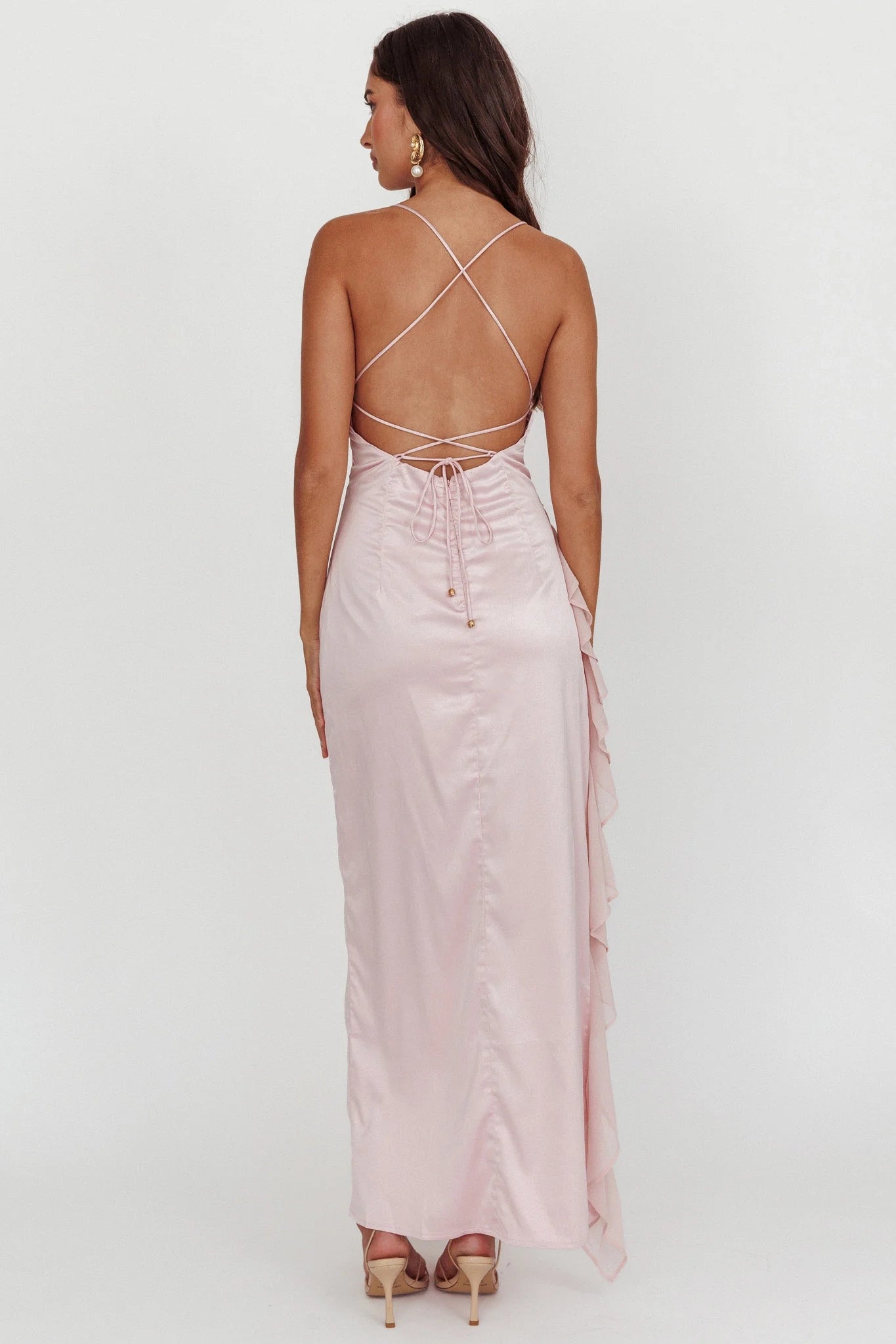 Enchanting satin extra long asymmetrical hem with ruffled edges, backless lace up, invisible back zipper bridesmaid dress