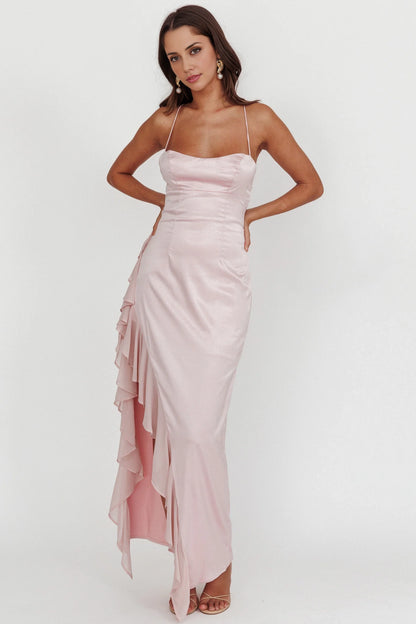 Enchanting satin extra long asymmetrical hem with ruffled edges, backless lace up, invisible back zipper bridesmaid dress