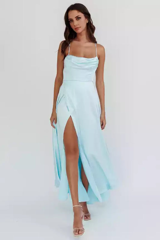 Enchanting satin long high slit adjustable shoulder strap without lining invisible zipper Bridesmaid Dresses