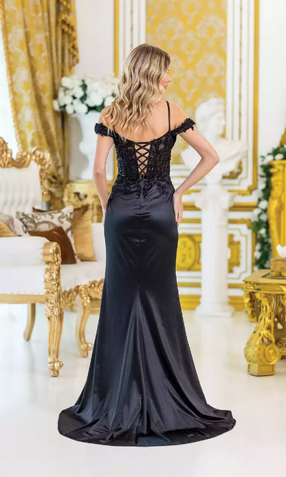 Enchanting satin long off shoulder heart-shaped neckline, backless, slim fit, side slit hem, natural flowing Prom Dresses