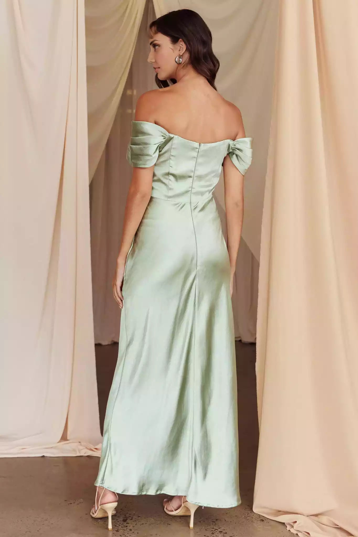 Enchanting satin long semi lined off shoulder tight corset with invisible zipper Bridesmaid Dresses