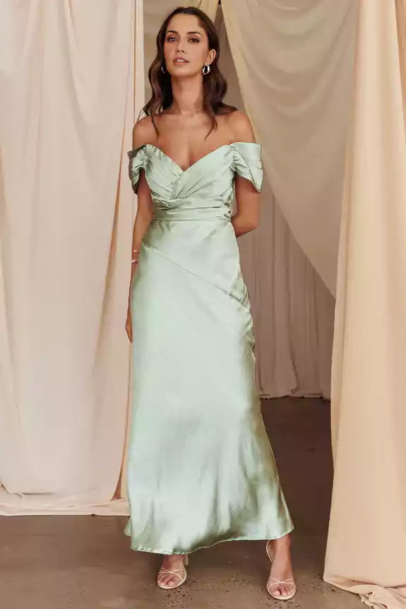 Enchanting satin long semi lined off shoulder tight corset with invisible zipper Bridesmaid Dresses