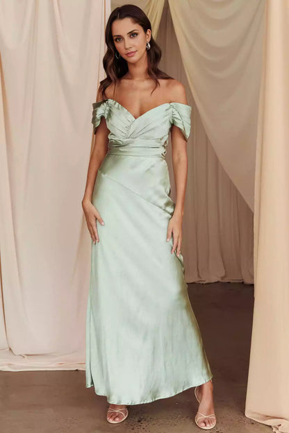 Enchanting satin long semi lined off shoulder tight corset with invisible zipper Bridesmaid Dresses