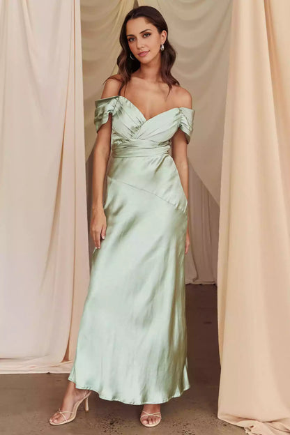 Enchanting satin long semi lined off shoulder tight corset with invisible zipper Bridesmaid Dresses