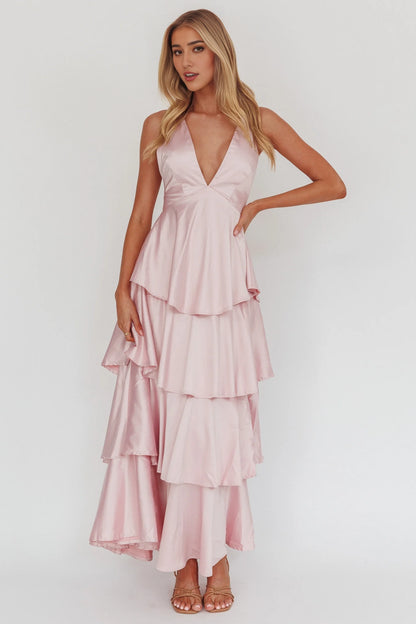 Enchanting satin medium length multi-layer pleated edge multi-layer ruffle edge off shoulder bridesmaid dress