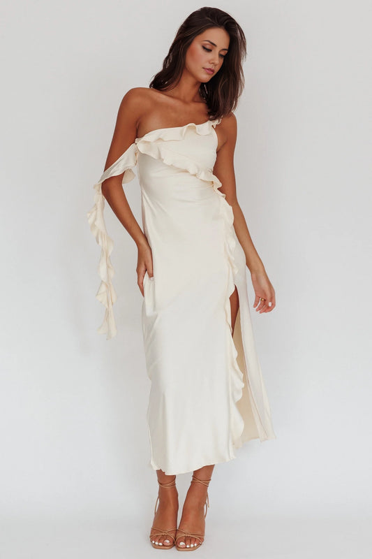 Enchanting satin medium length ruffle detail with a shoulder strap, off shoulder sleeves, and ruffled bridesmaid dress