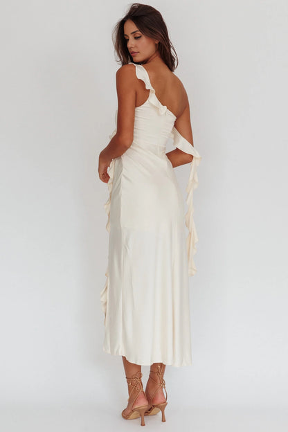 Enchanting satin medium length ruffle detail with a shoulder strap, off shoulder sleeves, and ruffled bridesmaid dress