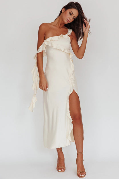 Enchanting satin medium length ruffle detail with a shoulder strap, off shoulder sleeves, and ruffled bridesmaid dress